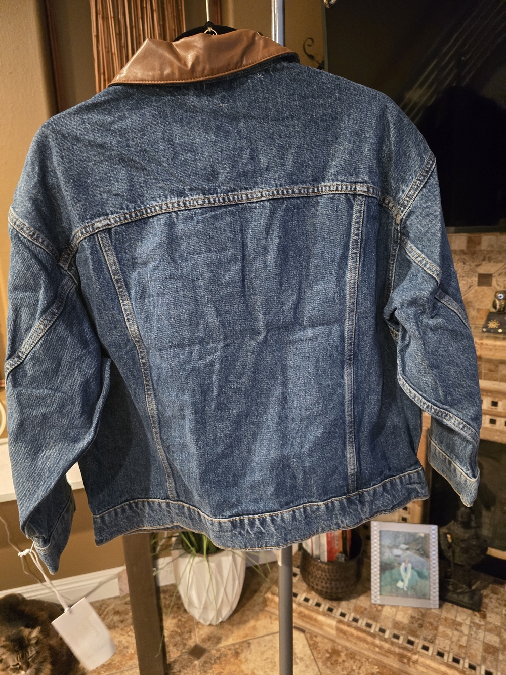 Pilcro Blue Denim Jacket with Brown Leather Collar - Picture 5 of 6